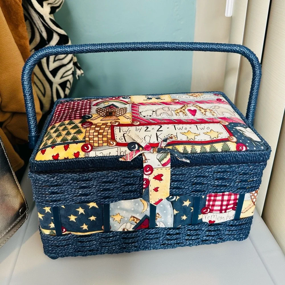 Vintage Blue Wicker Sewing Basket Noah’s Arc Fabric Lid Patchwork Design